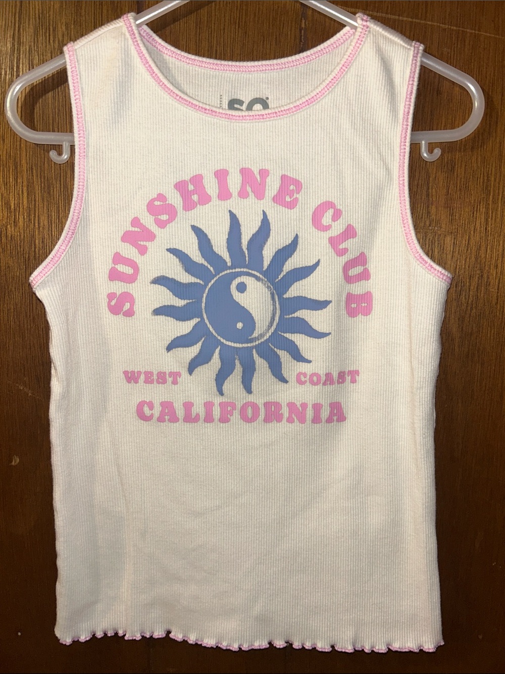 5/$20 SO | Ribbed Tank with Pink Trim & Blue Sun Graphic